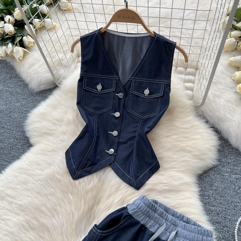 High-end Wear Women's Summer Dress Design V-neck Sleeveless Single-breasted Top Women's Two-piece Casual Wide-leg Trousers