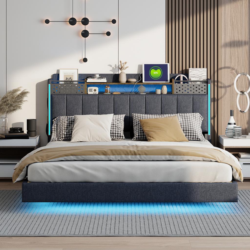 Polsterbett 160*200 mit LED-Beleuchtung und USB-Steckdose, Kopfteil mit Stauraum, Schwebendes Bett Jugendbett Erwachsenenbett, Leinenstoff, Grau