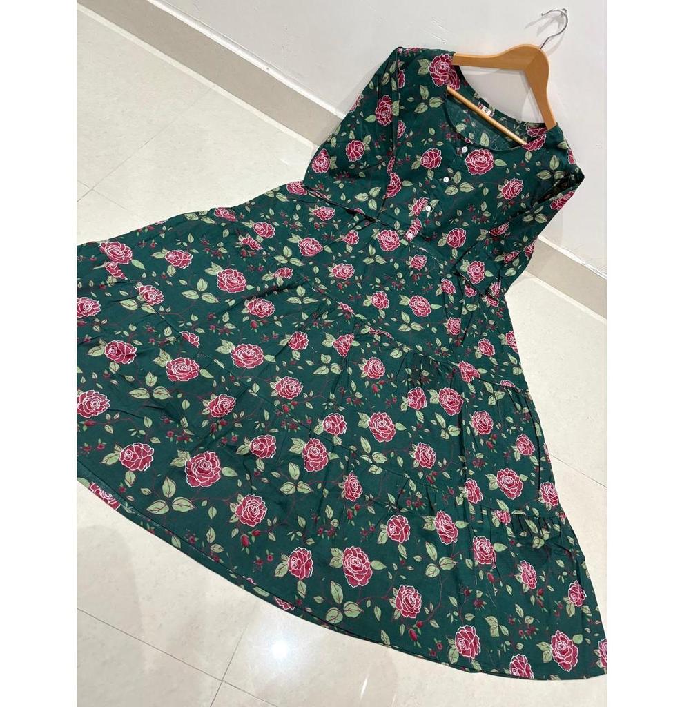 Women Designer Printed Cotton Midi Gown Kurta Party Wear Top Tunic Kurti Dress