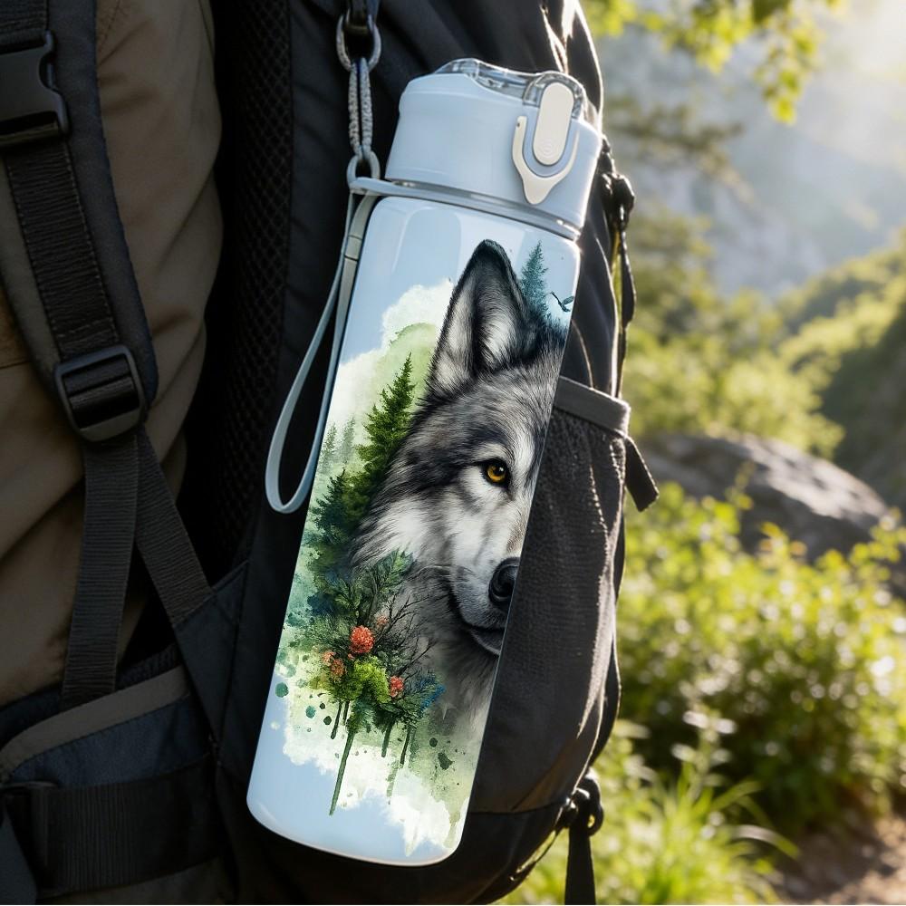 1PC Wild Wolf Winter Animal Portrait 750ml Color Plastic Sports Water Bottle Leakproof Flip Straw Lid Suitable for Sports Office Home Use