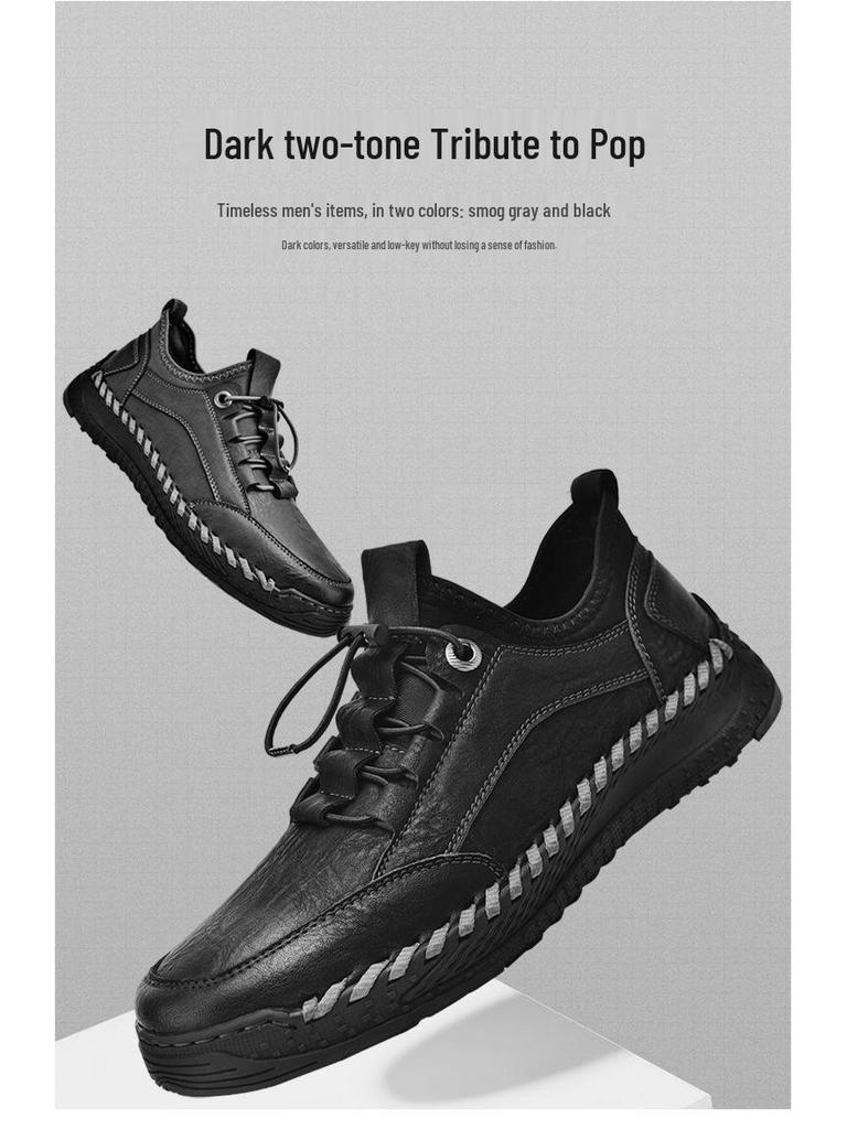 Men's Lazy Elastic Band Stitching Leather Shoes - Stylish Low-top Slip-On Sports Sneakers for Spring and Autumn.