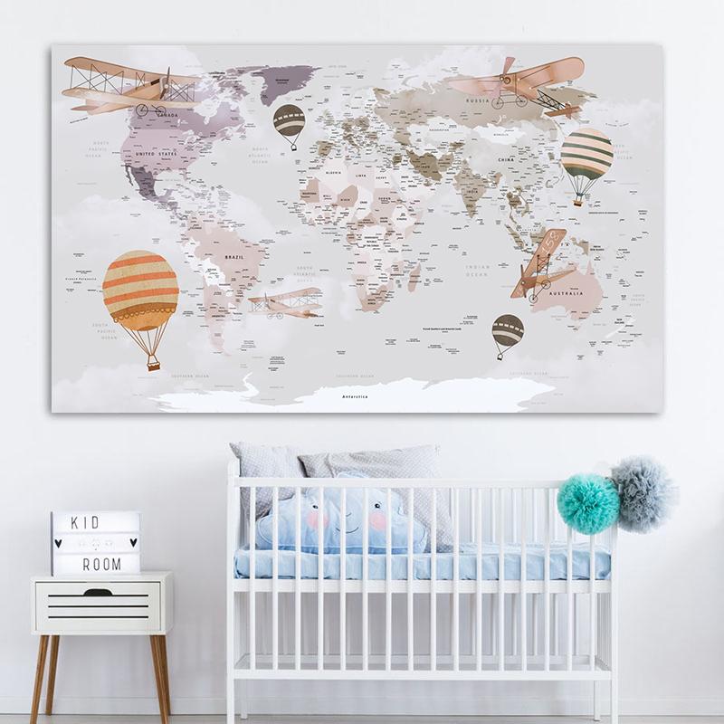 Cartoon Ocean Animal World Map Wall Art Canvas Painting Nordic Posters And Prints Nursery Wall Pictures For Kids Room Decoration
