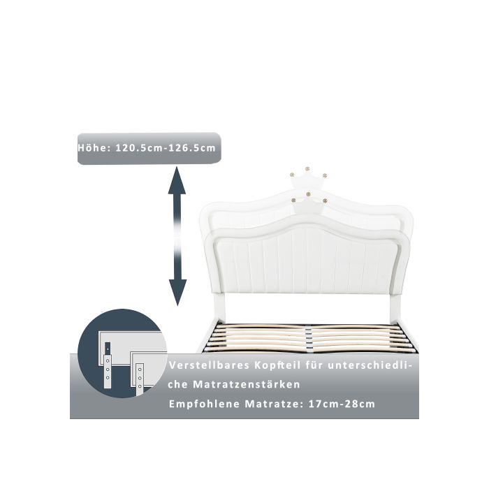 Lit d'enfant - MUVOE - 140 x 200 cm - Similicuir blanc - Rangement hydraulique - LED multicolore