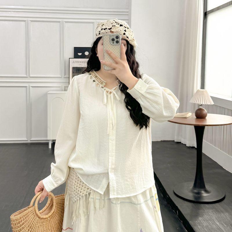 

Plus size women clothing [French style Gentle Shirts] Small Shell V-neck Lace-up Lantern Sleeve Shirts Autumn Long sleeve Shirt Meters apricot 4XL