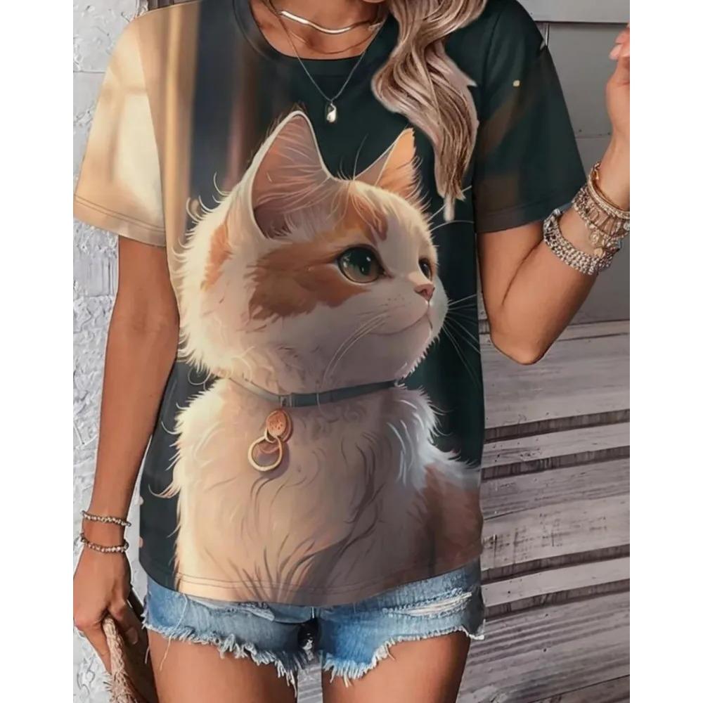 Summer Round Neck Cat Pattern 3D Print Top Fashionable Casual Short Sleeved Women's T-shirts