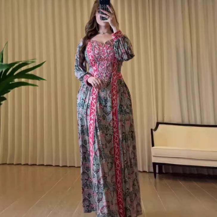 Spring 2026 European & American Printed Fashion Loose Women s Long-Sleeve Dress S фуксия