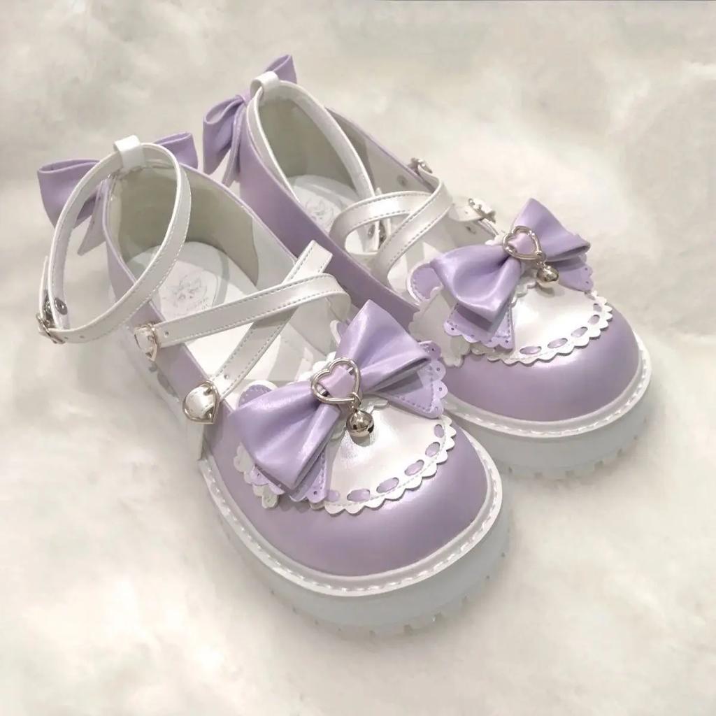Fashion Lovely Girls Lolita Sweet Bowknots Platform Shoes,Students Cute Small Bell Heart Shaped Straps Flat Elevator Shoes Mary Janes