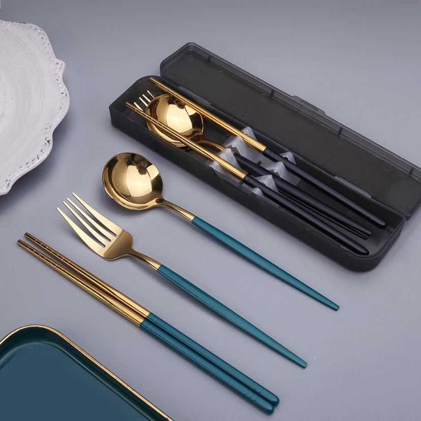 3Pcs Spoon Fork Chopsticks Set With Storage Box Stainless Steel Coffee Snacks Fruit Dessert Fork Spoon Kitchen Teaspoon Set