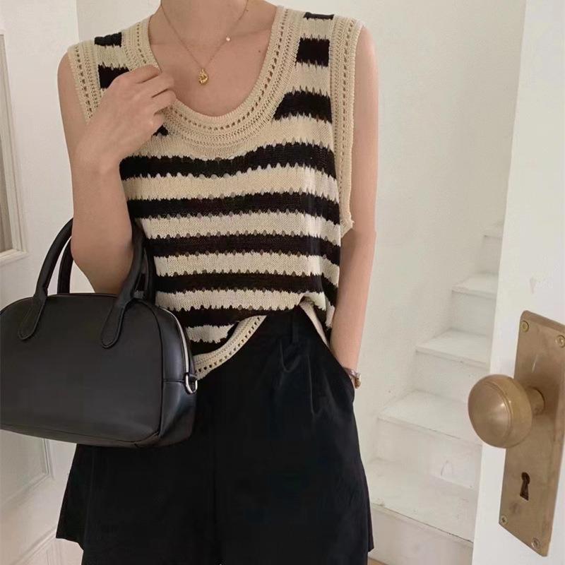 Black and white striped hollow knitted vest women's summer new loose outer wear suspender sleeveless vest shirt