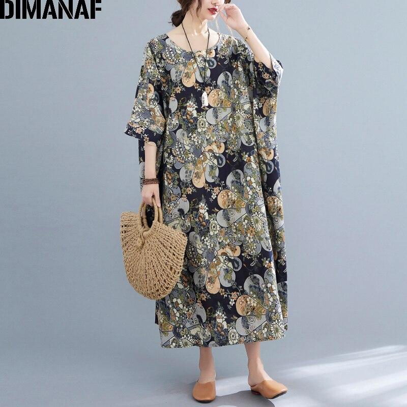 DIMANAF 2021 Plus Size Women Dress Vintage Floral Print Beach Holiday Summer Sundress Dress Loose Long Dress Oversize 5XL 6XL