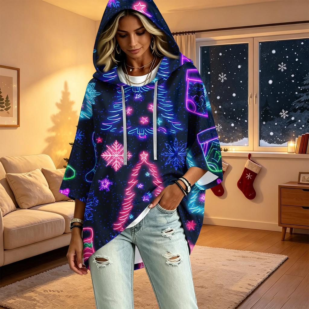 Women's Christmas Print Hooded Pullover Top with Three-Quarter Sleeves