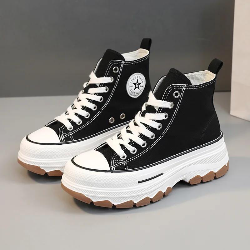 Spring Autumn Female Women High Top Sneakers Lace-Up Casual Plarform Height Canvas Non-slip Wear Resistant Vulcanize Shoes