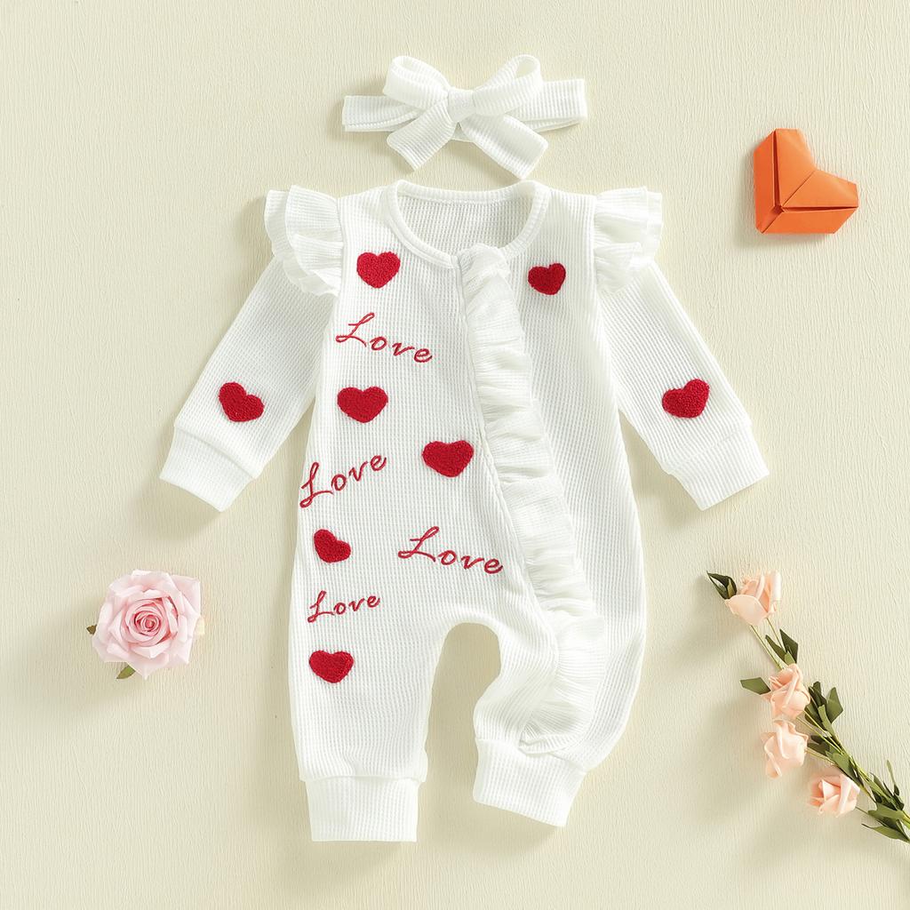 Baby Girl 2Pcs Valentine s Day Outfits Long Sleeve Round Neck Heart Embroidery Jumpsuit with Headband Set