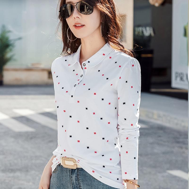 Women's Spring T-shirt New All-over Printed Long-sleeved Lapel Polo Shirt Korean Version Slim Fit Cotton Comfortable Temperament