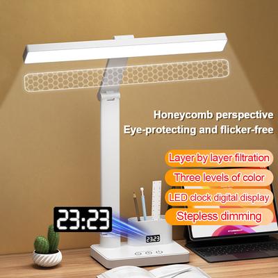 LED stolní lampa s hodinami USB nabíjecí stmívatelná stolní lampa 2 hlavy 180 otočení sklopná ochrana očí pro čtení noční světlo