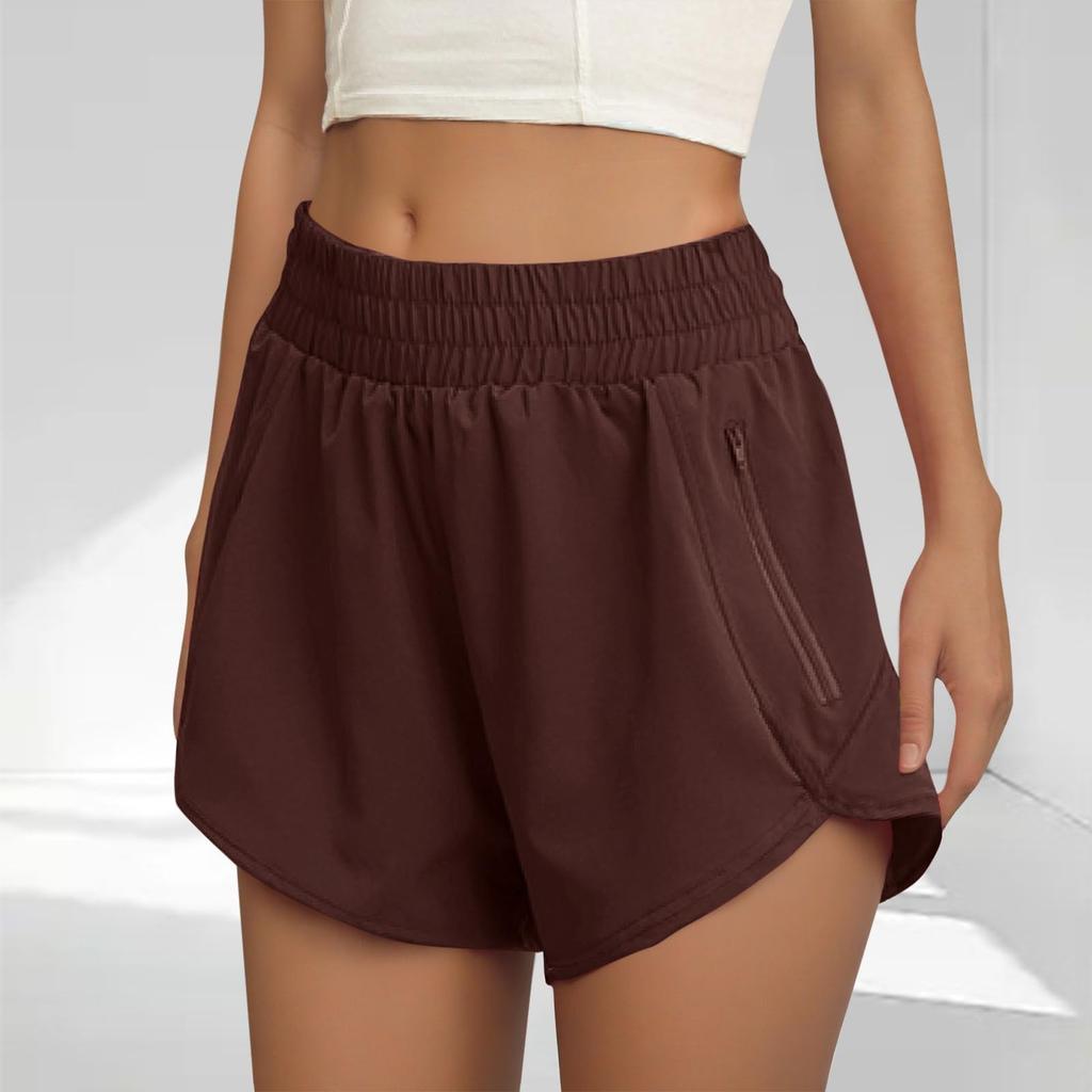 Women's Athletic Shorts High Waisted Running Solid Shorts With Zip Pocket Workout Shorts