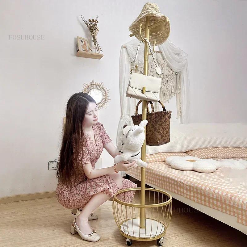 Modern Bedroom Coat Racks Floor Hanger Light Luxury Wrought Iron Living Room Removable Dirty Clothes Basket Simple Storage Rack