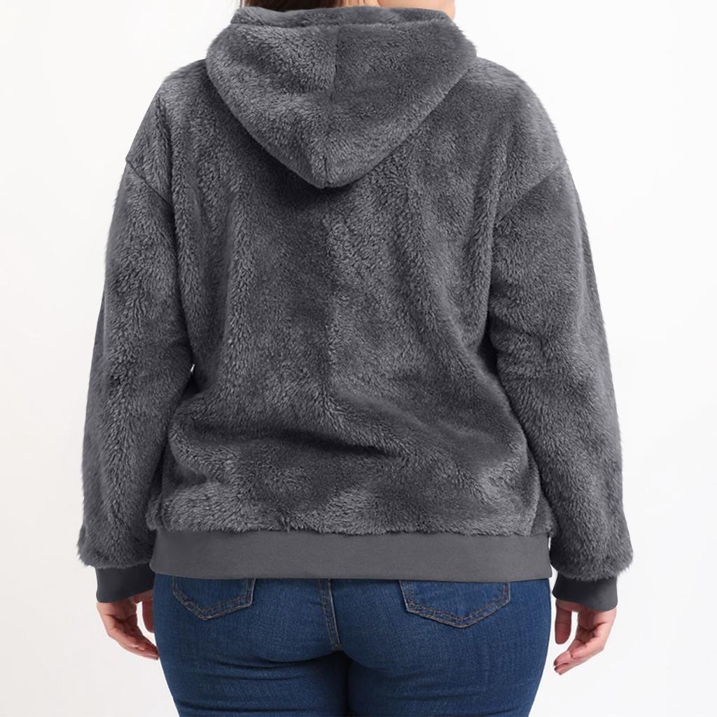 Women's Casual Plus Size Long-Sleeve Hooded Solid-Color Fleece Pullover Sweatshirt