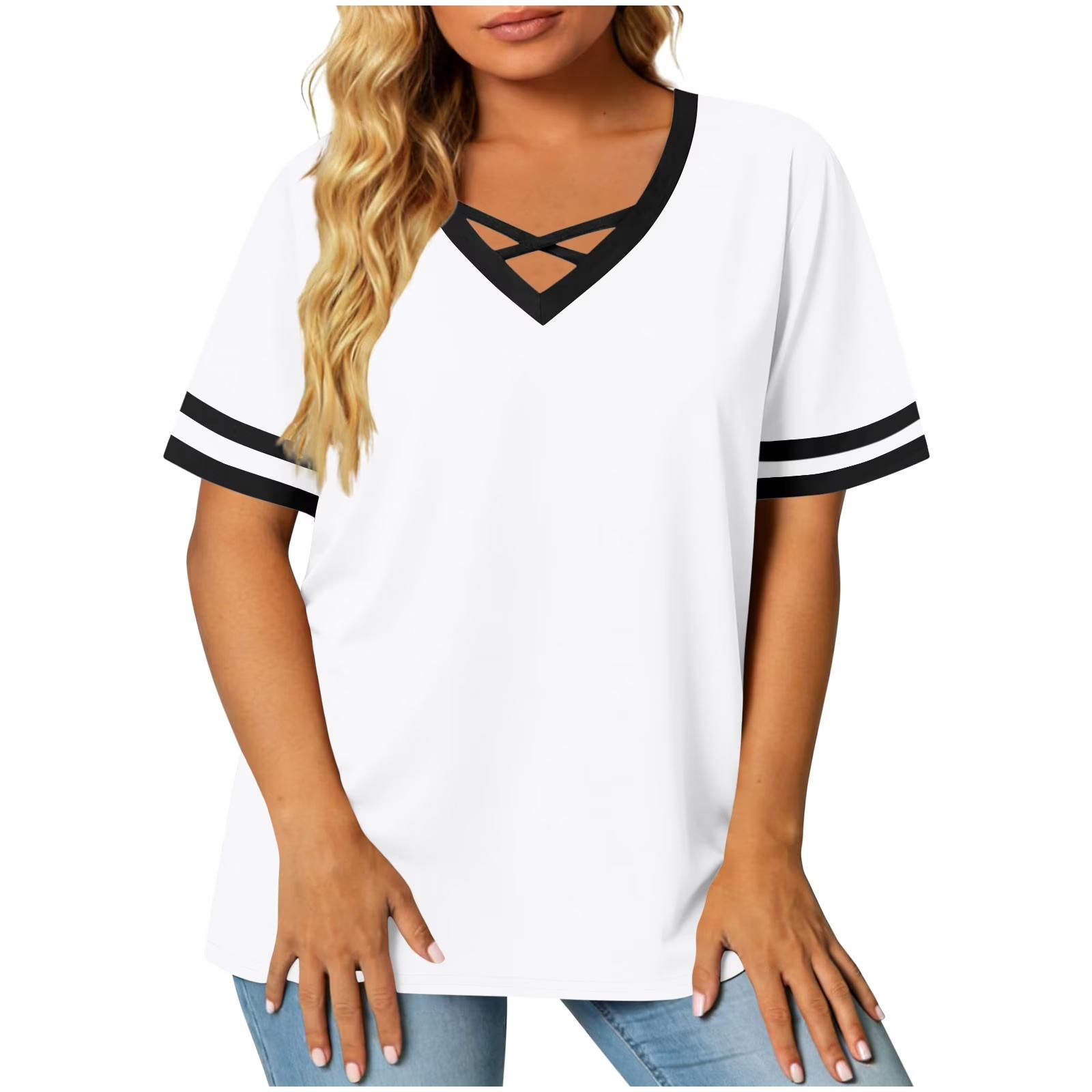 

Women’s Short Sleeve V Neck Strappy Loose Fit Top with Double Stripe Sleeve Casual Tunic Blouse for Daily Wear M белый