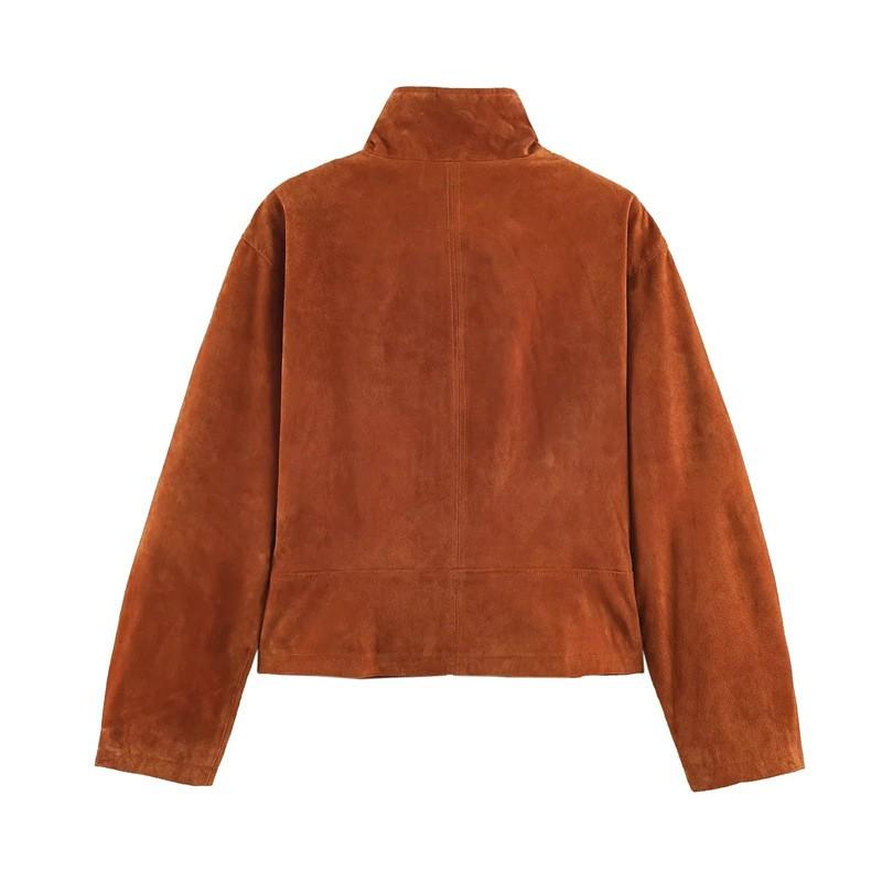 2026 Fall Womens Leather Look Stand Collar Jacket Loose Fit Casual Streetwear Outerwear