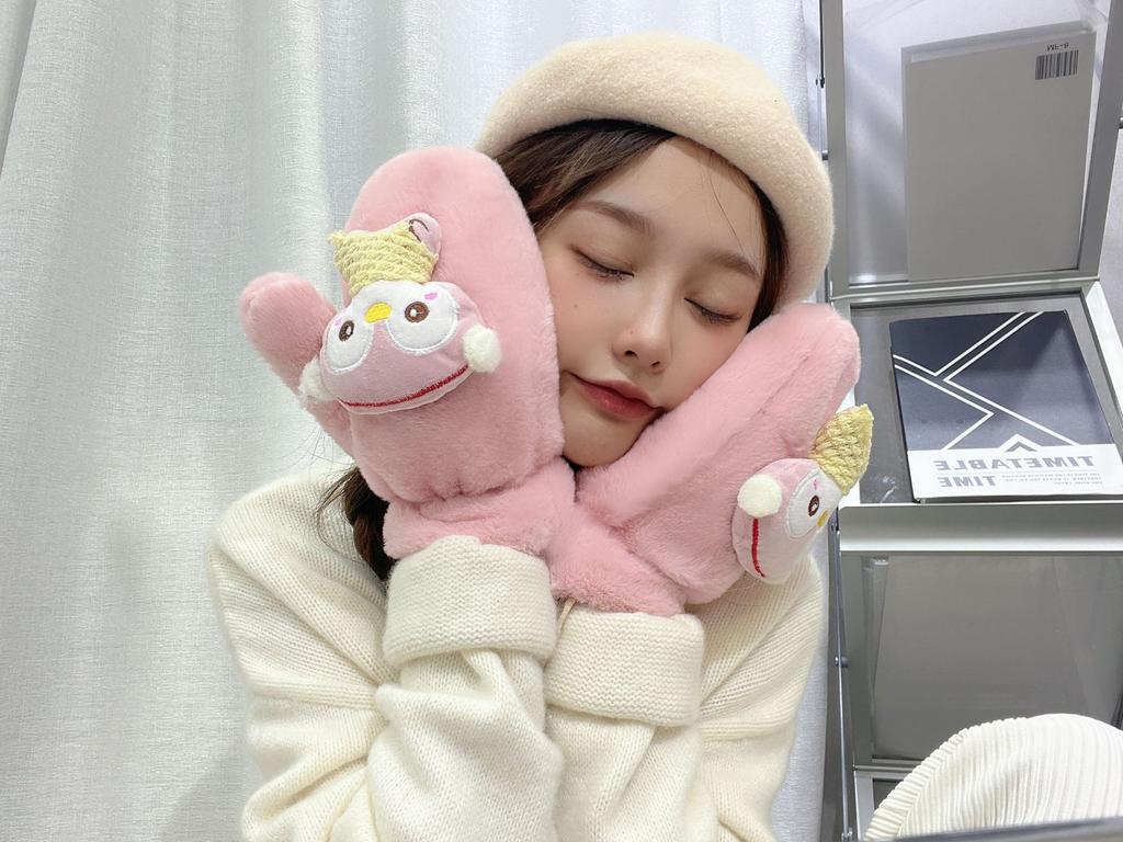 Winter outdoor cold-proof plush thickened warm gloves women's new casual neck cute plush full finger