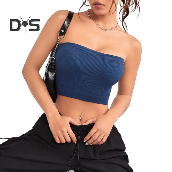 

Женский ребристый жилет, высокоэластичный, противоскользящий, бандо, без бретелек, без рукавов, без спинки, быстросохнущий, укороченный топ с эффектом впитывания пота S темно-синий