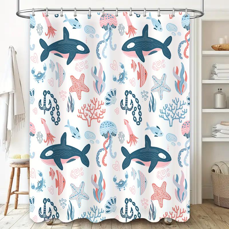 Decorative Shower Curtain Blue Pink Ocean Life Print Waterproof Bathroom Accessories 72 X 84 (183Cmx213Cm)