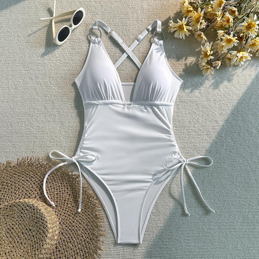 2026 Fashionable and Sexy New Solid Color One-piece Swimsuit Women's Drawstring Slimming Swimsuit