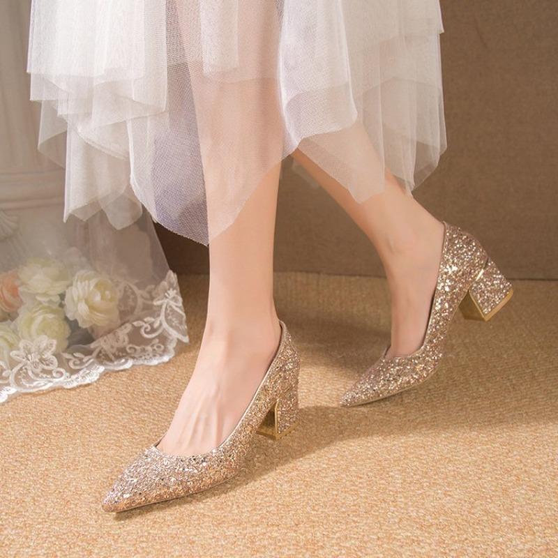 Pointed elegant Wedding Shoes Plus Size Shallow High Heels Pumps Ladies Thick Silver Glitter Heels Pumps Women Luxury footwear