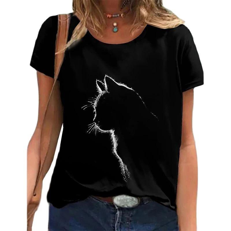 Fashion Woman Blouses T-shirt Women's 3d Cats Print Black Kawaii T Shirt Female Clothing Oversized Summer Top Free Shipping