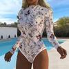 Women Long Sleeve One Piece Swimsuit Zip Front  Tie-dye Print Rash Guard Surfing Bathing Suit