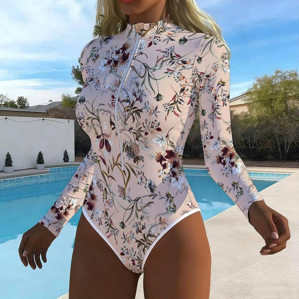 Women Long Sleeve One Piece Swimsuit Zip Front  Tie-dye Print Rash Guard Surfing Bathing Suit
