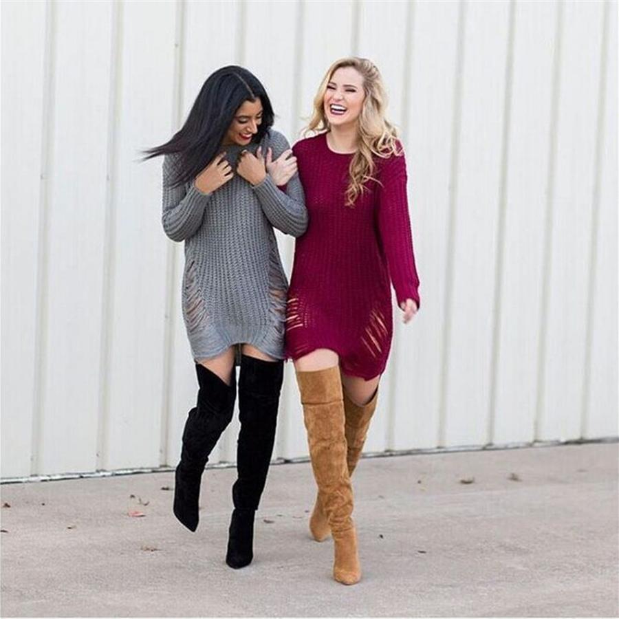 Frühling Herbst Neu Importiert Damen Vintage Langarm Strickpullover Unterer Saum Loch Strickware Basis Schicht Oberbekleidung