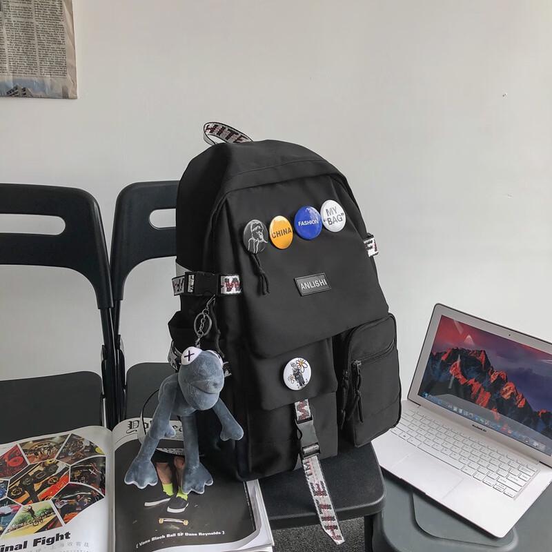 Men s Multi-pocket Student Backpack with Badges & Charm