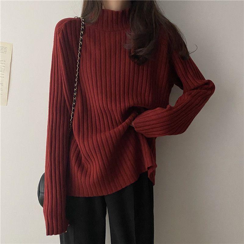 Half Turtleneck Knitted Sweater Loose Solid-color Sweater for Women Casual and Versatile Pullover for Autumn and Winter Outerwear