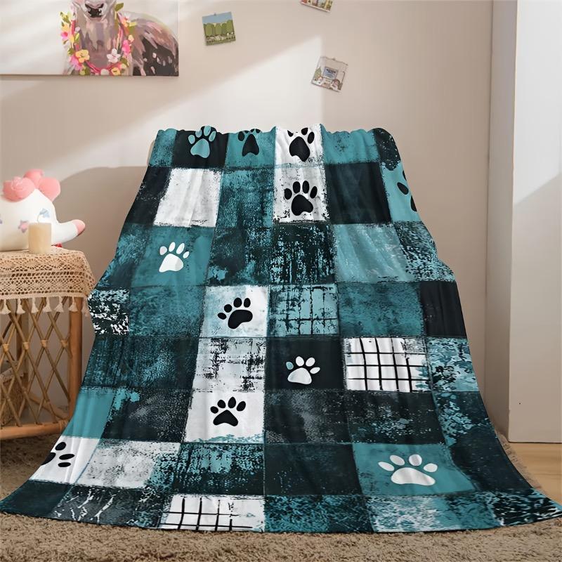Turquoise & Black Paw Print Plush Flannel Blanket - All-Season Soft Dog Pet Bedspread with Teal/White/Gray Paw Prints