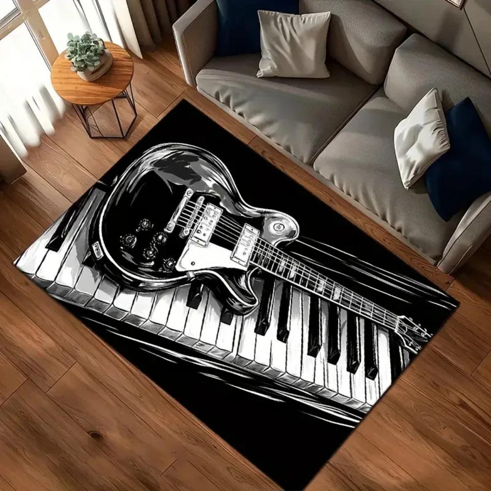 Vibrant Guitar Piano Print Area Rug Black and White Music Theme Home Decor Modern Art Floor Mat Bedroom Living Room Carpet