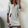 Women S Casual Long Sleeve Turn Down Collar Color Block Dress With Zipper Pocket