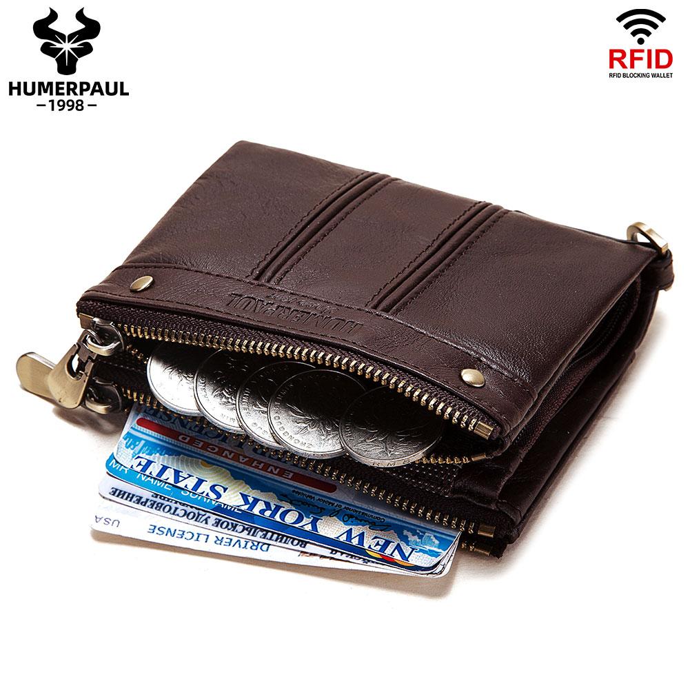 Humerpaul Genuine Leather Bifold Wallet For Men Slim RFID Blocking Credit Card Holder Credential Purse Zipper Coin Purse Male Money Bag