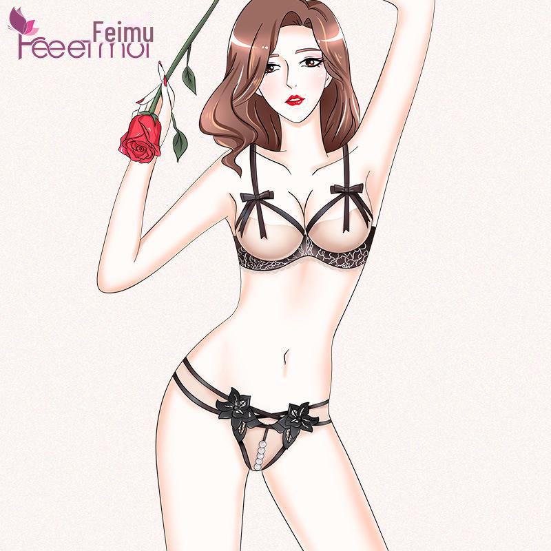 Feimu Pearl Temptation Open Crotch Lingerie Set - Bikini & Panties