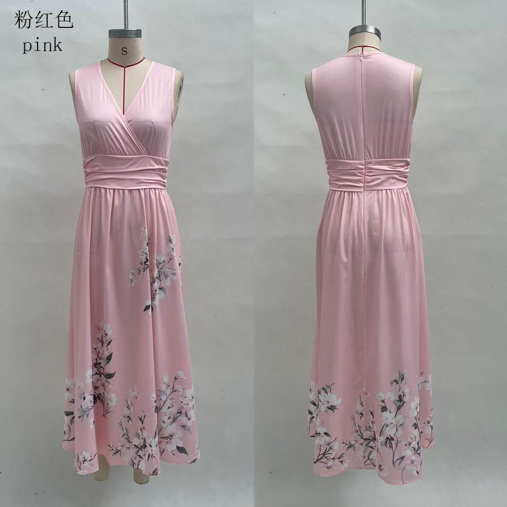Europäische und amerikanische Damenbekleidung Digitaldruck Blume Langarm V-Ausschnitt Faltenkleid Damen langes Kleid
