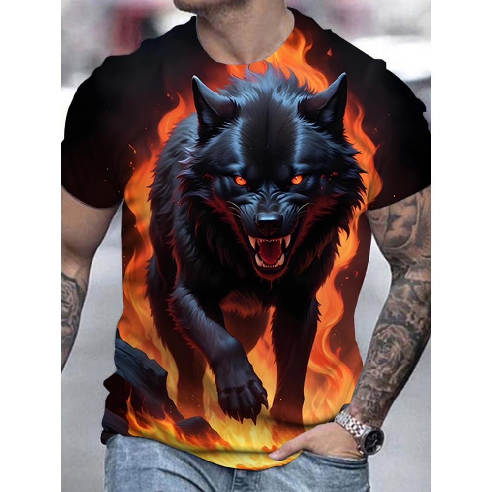 Men s 3D Wolf Print T-Shirt - Wolf Eyes - Realistic Flames and Smoke Back Design S