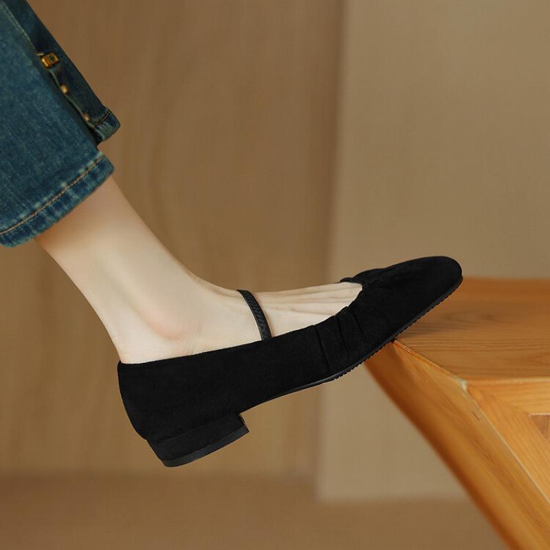 New Four-season Casual Single Shoes Solid Color Suede Size Women's Shoes Round Head Buckle Low Heel Flat Heel Lazy Single Shoes Women