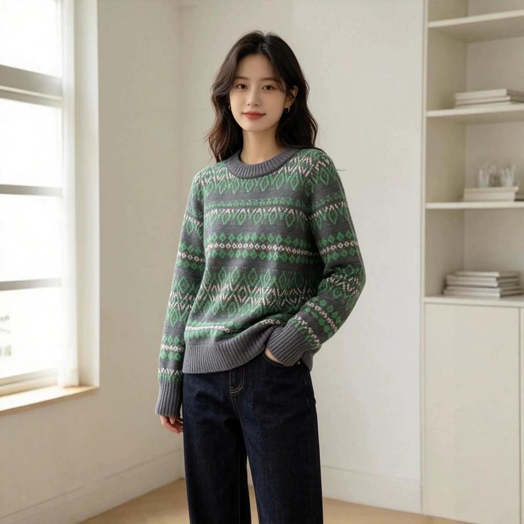 Women's Retro Fair Isle Jacquard Pullover Sweater - Early Autumn Slim-fit Round Neck Knit Top
