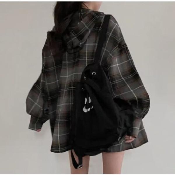 Korean Chic Early Autumn Loose Hooded Plaid Long Sleeved Shirt for Women