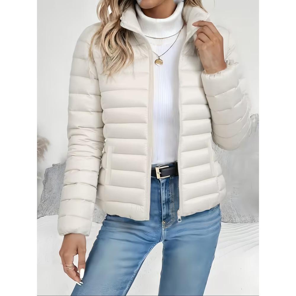 (Order A Size Up)Women Spring Slim‑Fit Lightweight Padded Jacket Stand Collar Zipper Long Sleeve Solid Color Elegant Versatile Cropped Coat ()