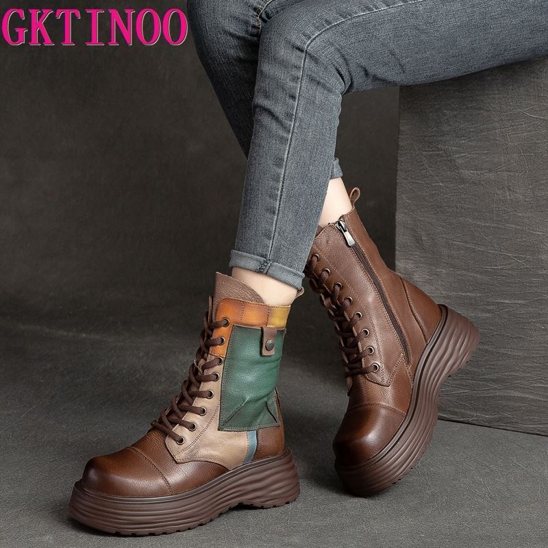 Fashion GKTINOO Handmade Boots Women Genuine Leather Round Toe Lace-up Zipper Platform Thick-soled Mid-calf Boots Retro Zapatos Mujer