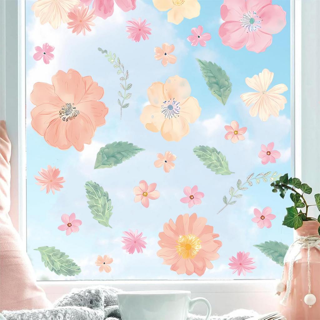 Watercolor Floral Wall Decals, Self-Adhesive Peel and Stick Wall Stickers for Girls Bedroom, Living Room, Window and Furniture Decor