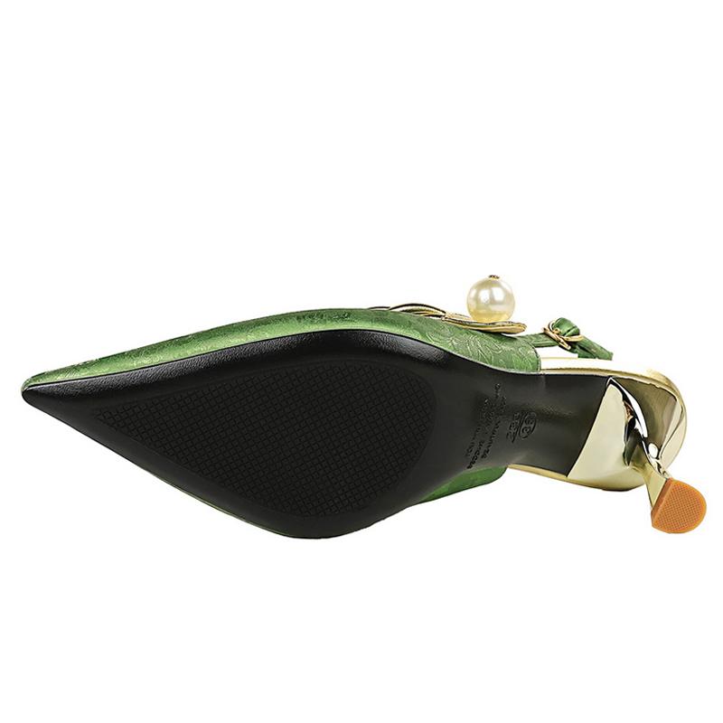 2025 New Ethnic Style Women Pumps Silks Satins High Heels Pointed Hollow Women Sandals Metal Heel Kitten Heels Sexy Party Shoes