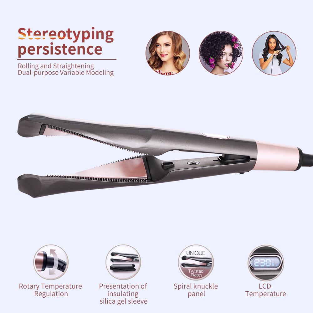 2‑in‑1 Twist Oblique Plate Hair Straightener Curler, LCD Display Rotatable Tail Temp Control Flat Iron